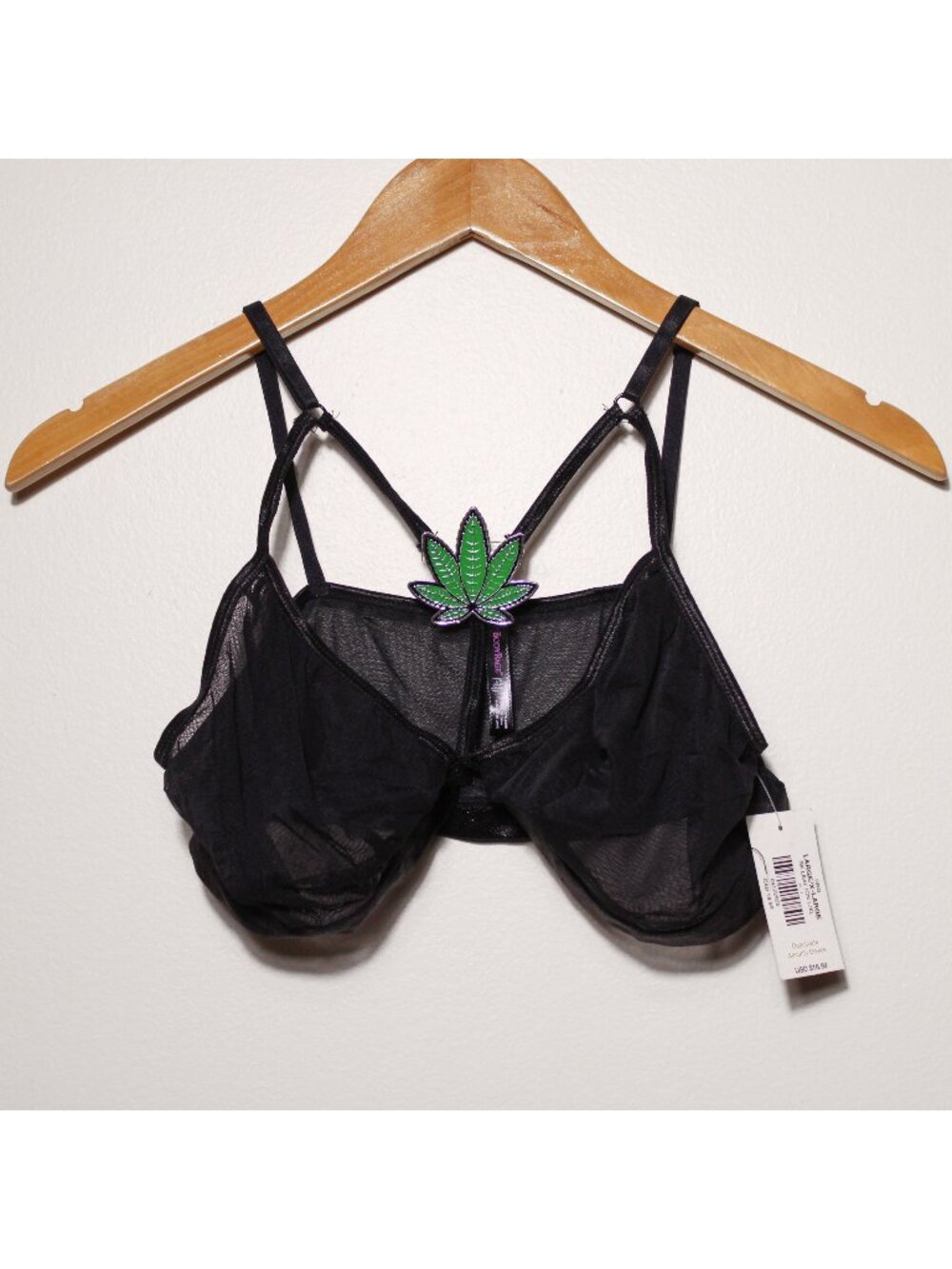 Body Rage Sheer Black Mesh Bralette Weed Leaf Metal Charm L/XL